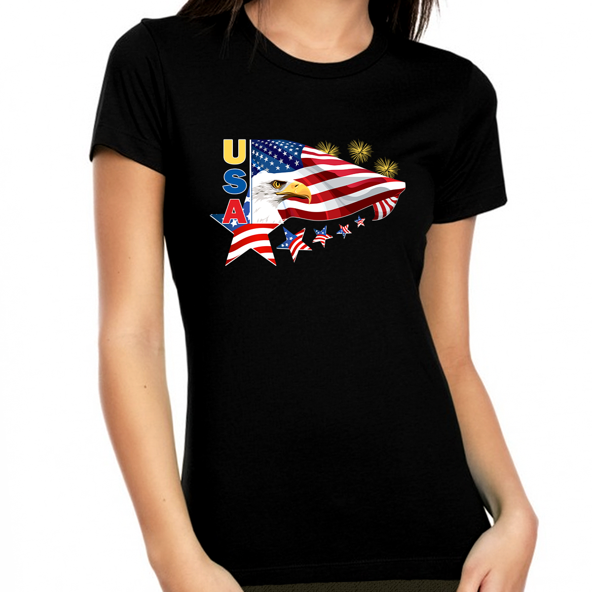 Fire Fit Designs 4th of July Shirts for Women USA Shirt American Eagle Shirts for Women American Flag Patriotic Shirts Black / M