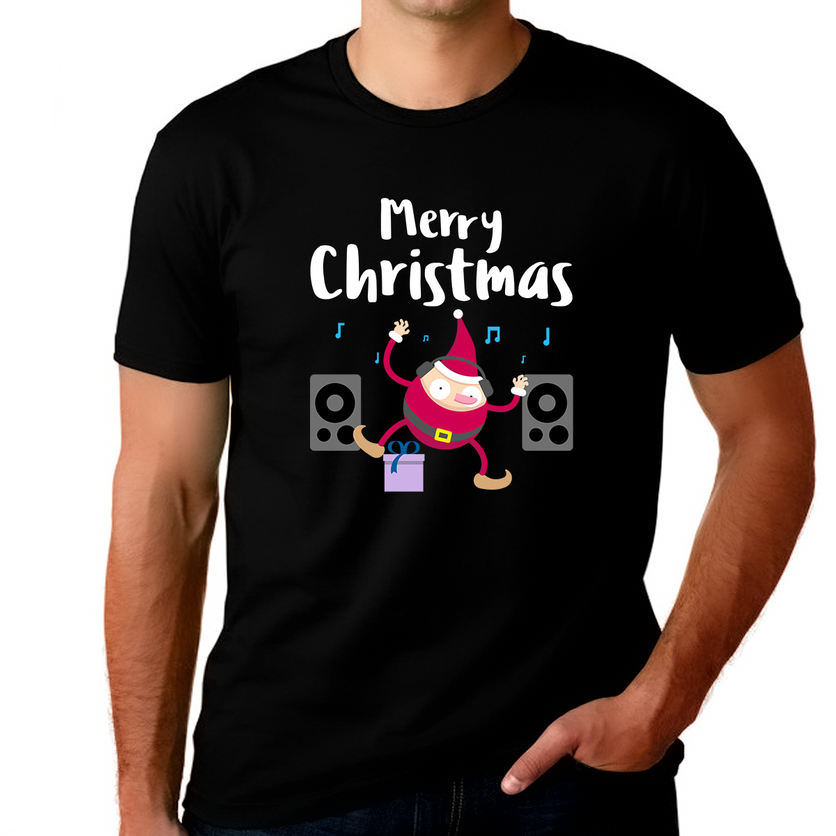 Funny DJ Elf Big and Tall Christmas Pajamas Christmas Clothes Mens Plus Size Christmas Shirts for Men Black / 2XL