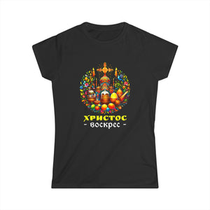 Russian Orthodox Church Cross Chrestos Voskres Pascha Easter Shirts for Women