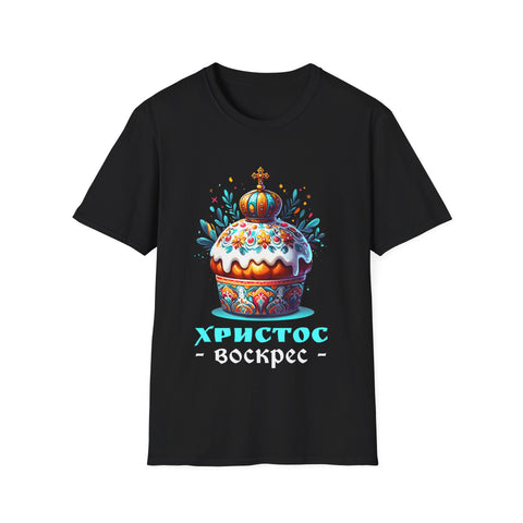 Russian Greek Byzantine Orthodox Cross He Is Risen Easter Mens T Shirts