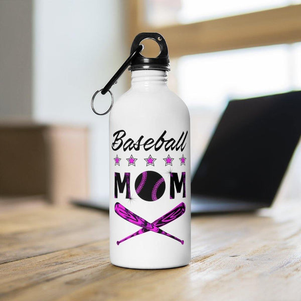 Baseball Mom Water Bottle Mothes Day Gift Mom Birthday Gift Purple + Carabiner & Key Chain Ring - 14 oz - Fire Fit Designs