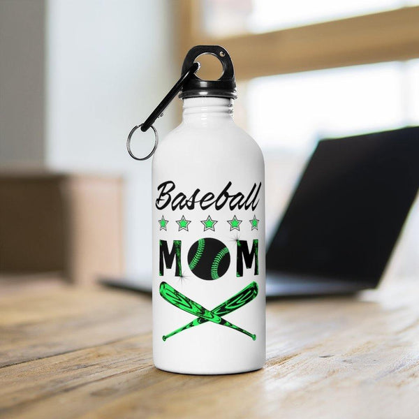 Baseball Mom Water Bottle Mothes Day Gift Mom Birthday Gift Green + Carabiner & Key Chain Ring - 14 oz - Fire Fit Designs