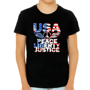 4th of July Shirts for Boys USA Shirt Patriotic Shirts for Boys Peace Liberty Justice American Flag Shirt - Fire Fit Designs