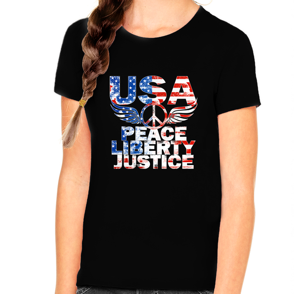 4th of July Shirts for Girls USA Shirt Patriotic Shirts for Girls Peace Liberty Justice American Flag Shirt - Fire Fit Designs
