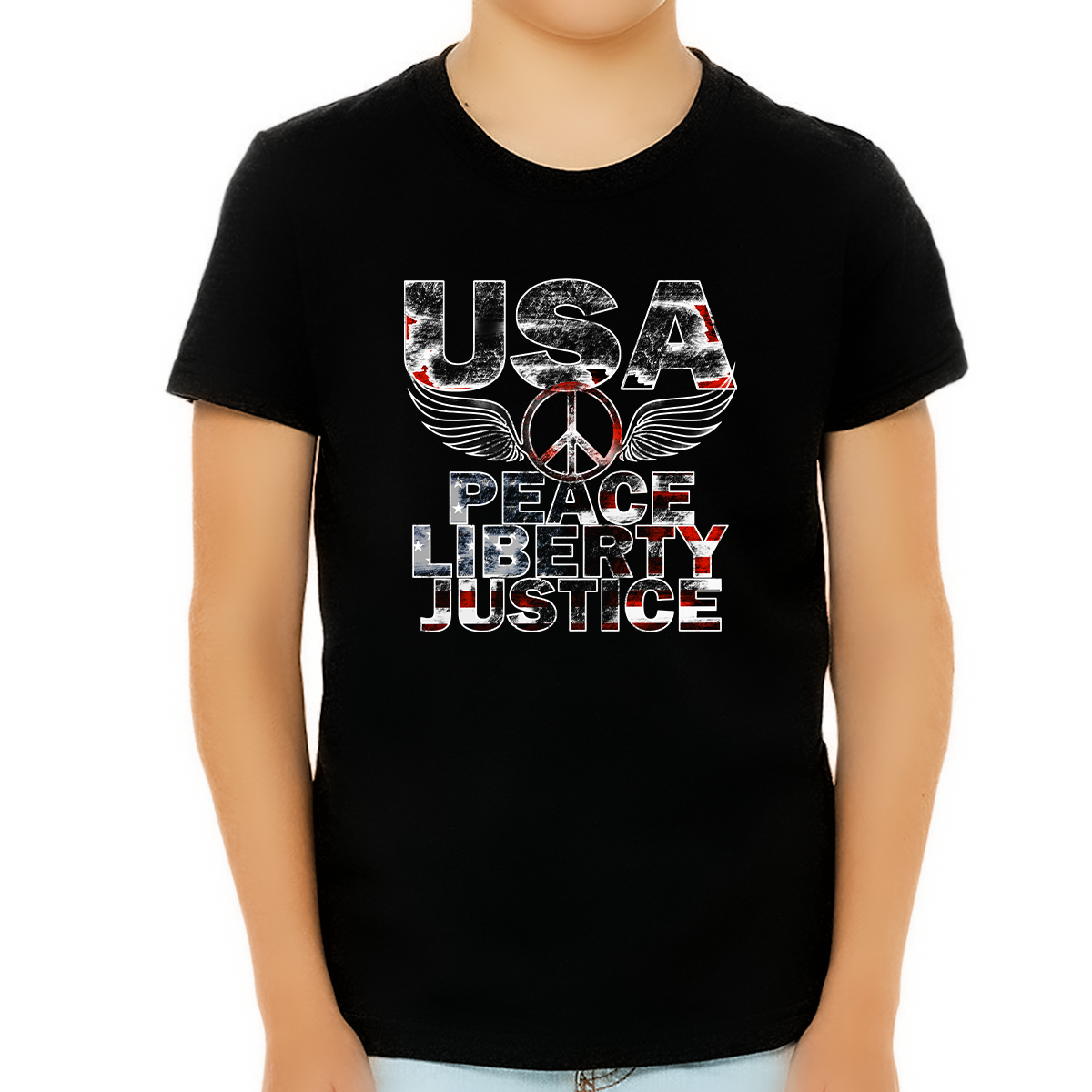 4th of July Shirts for Boys Patriotic Shirts for Boys Peace Liberty Justice Black American Flag Shirt - Fire Fit Designs