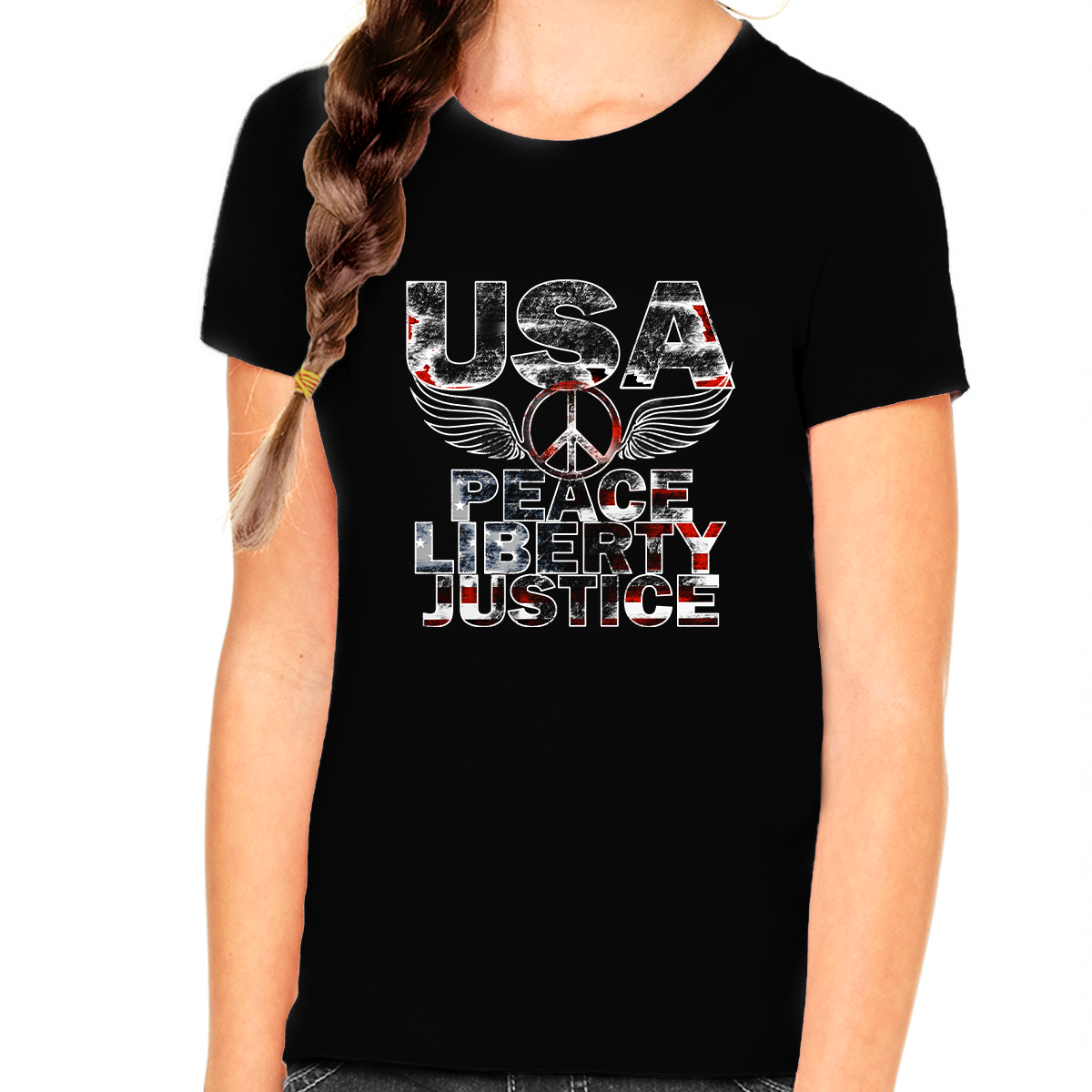4th of July Shirts for Girls Patriotic Shirts for Girls Peace Liberty Justice Black American Flag Shirt - Fire Fit Designs