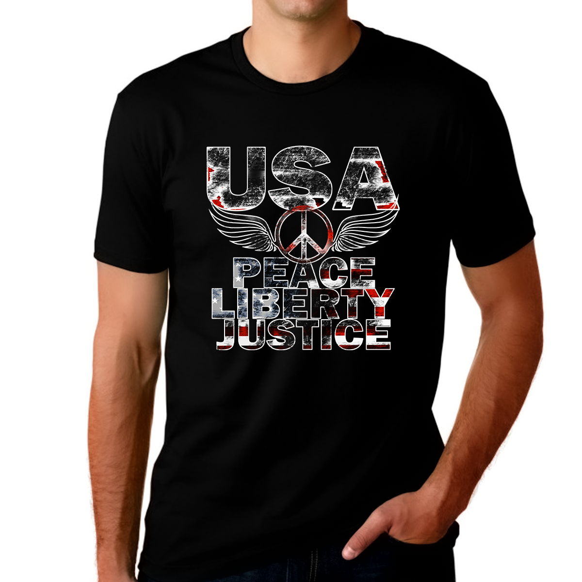 4th of July Shirts for Men Patriotic Shirts for Men Peace Liberty Justice Black American Flag Shirt - Fire Fit Designs