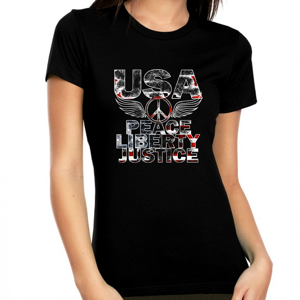 4th of July Shirts for Women Patriotic Shirts for Women Peace Liberty Justice Black American Flag Shirt - Fire Fit Designs