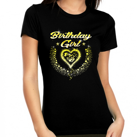 Birthday Girl Shirt for Women Birthday Shirts for Women Black Golden Hearts Stars Tee Shirt Sparkle Top - Fire Fit Designs