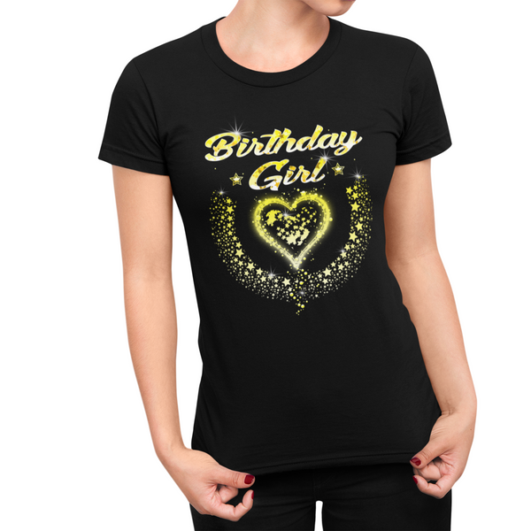 Birthday Girl Shirt for Women Birthday Shirts for Women Black Golden Hearts Stars Tee Shirt Sparkle Top - Fire Fit Designs