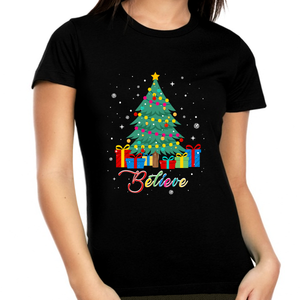 Funny Plus Size Christmas Shirts for Women Christmas Shirts for Family Christmas Tree Believe Shirt