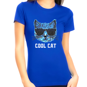 Cool Cat Shirt - Cool Cat Mom Shirt - Blue Cat Shirts for Women Cat Mom Gifts for Women Cat Lover Shirts - Fire Fit Designs