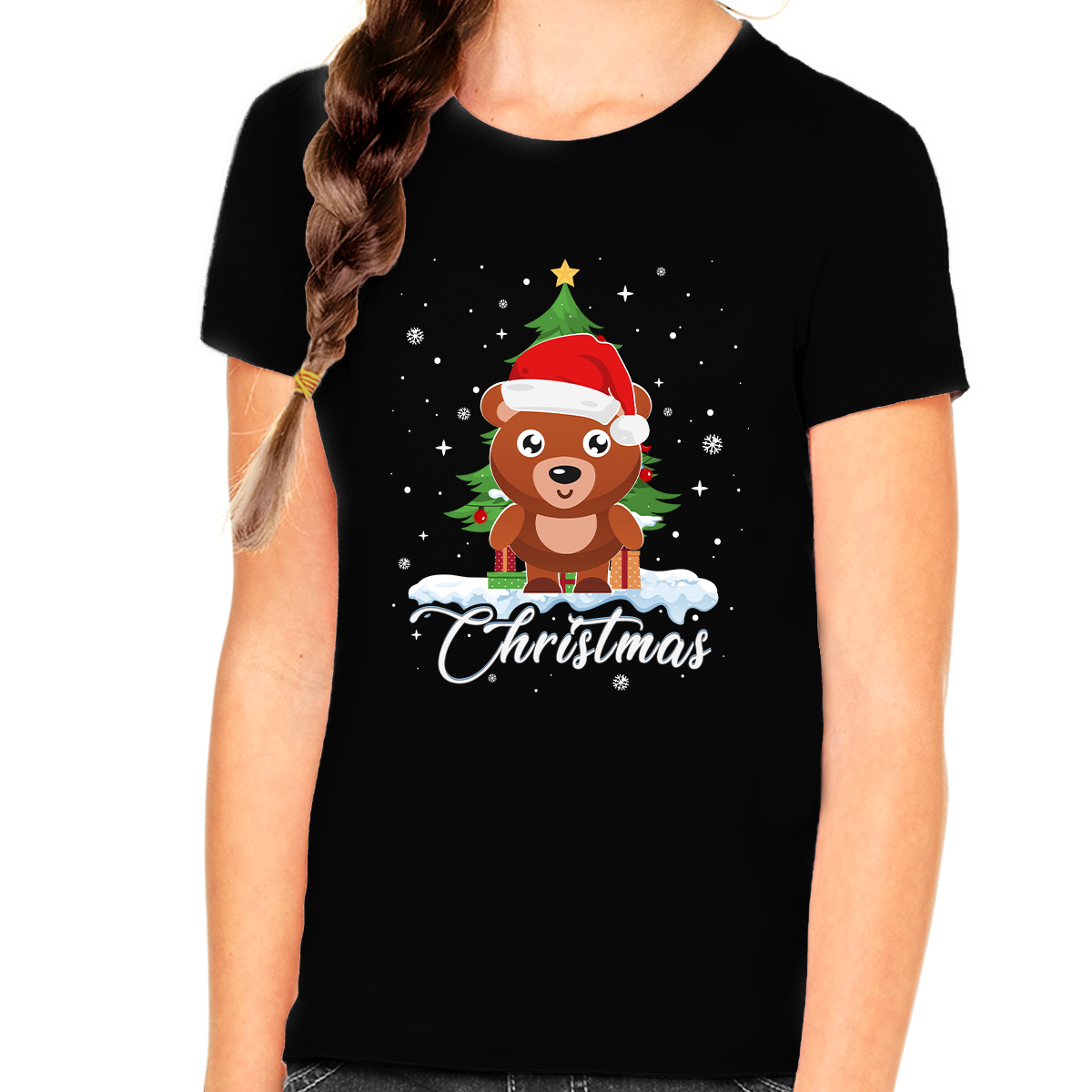 Girls Christmas Shirt Christmas Shirt for Girls Santa Hat Bear Christmas Shirts for Kids