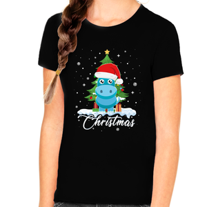 Girls Christmas Shirt Christmas Outfits for Girls Cute Hippo Santa Christmas Shirts for Kids