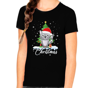 Girls Christmas Shirt Christmas Shirt for Girls Cute Santa Kitty Cat Christmas Shirts for Kids