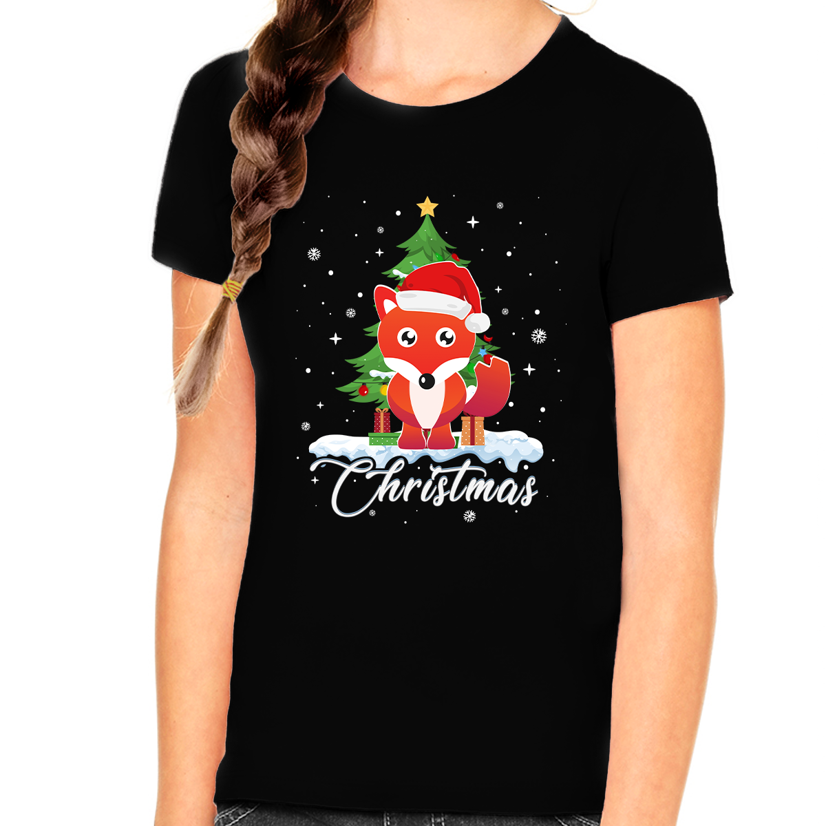 Girls Christmas Shirt Christmas Outfits for Girls Cute Fox Santa Christmas Shirts for Kids