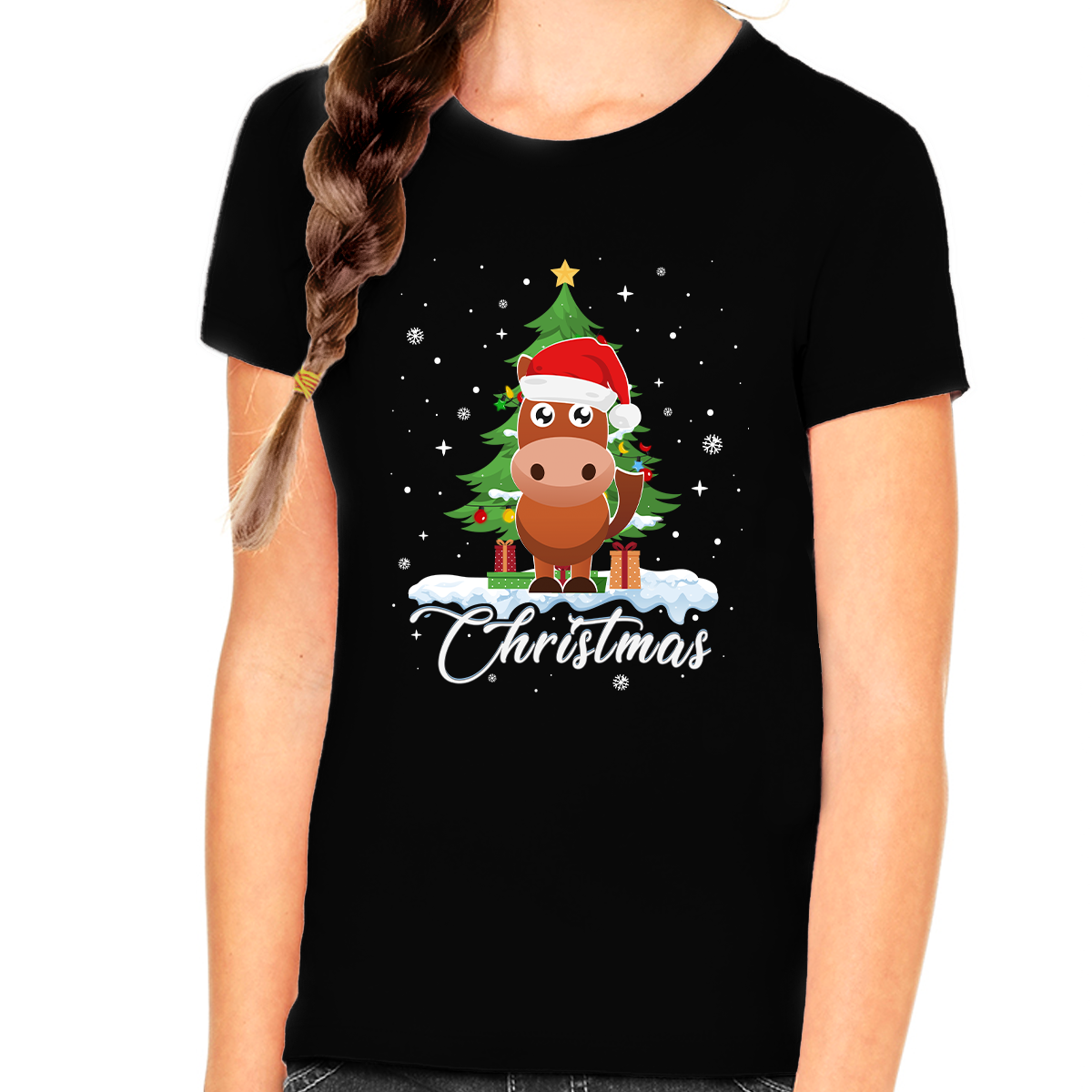 Girls Christmas Shirt Cute Cartoon Horse Christmas Outfits for Girls Christmas Shirts for Kids