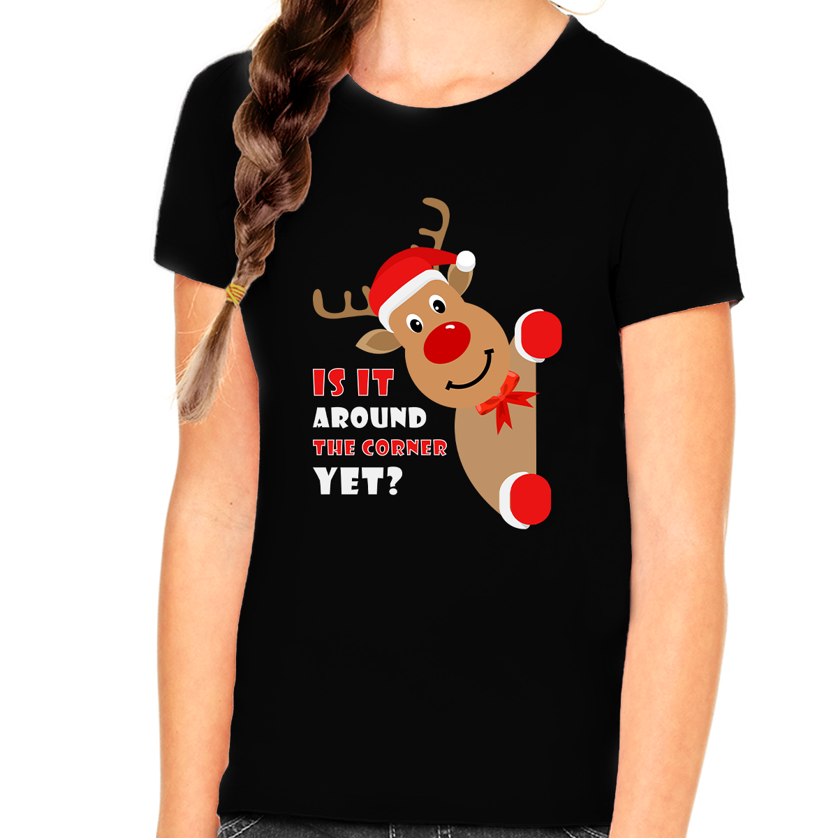 Girls Christmas Shirt Cute Christmas Around The Corner Funny Reindeer Christmas Outfits for Girls