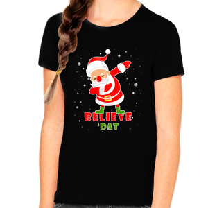 Girls Christmas Shirt Believe Christmas Outfits for Girls Dabbing Santa Christmas Shirts for Kids