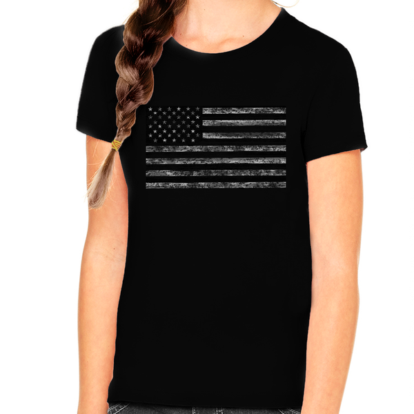 Distressed American Flag Shirt for Girls Black Flag 4th of July Shirts for Girls USA Patriotic Shirts - Fire Fit Designs