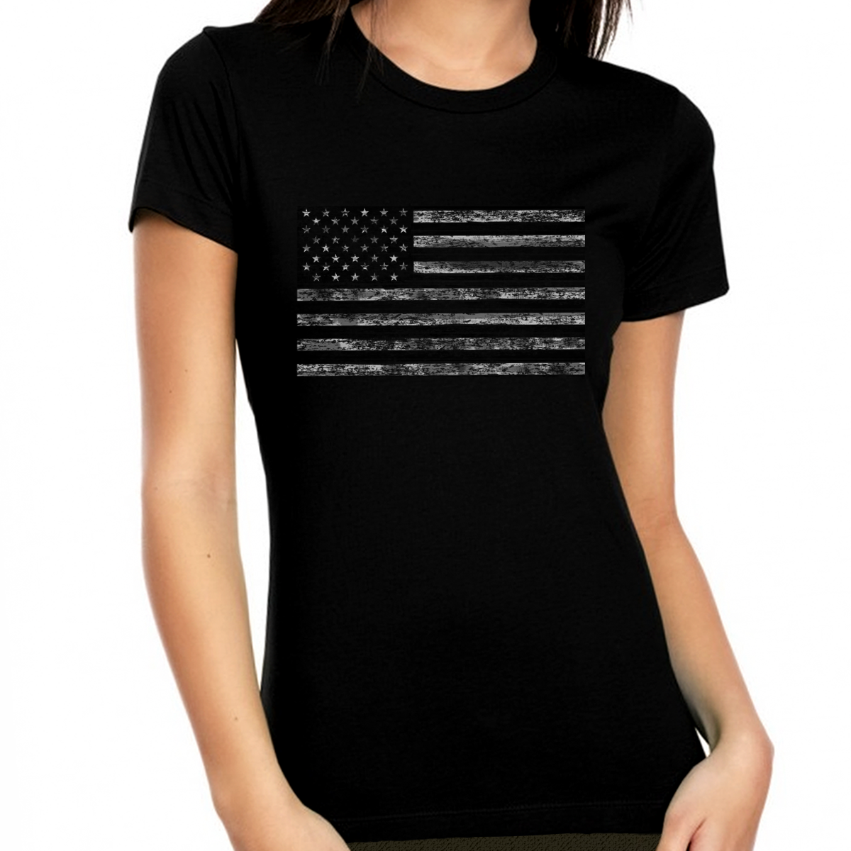 Distressed American Flag Shirt for Women Black Flag 4th of July Shirts USA for Women Patriotic Shirts - Fire Fit Designs