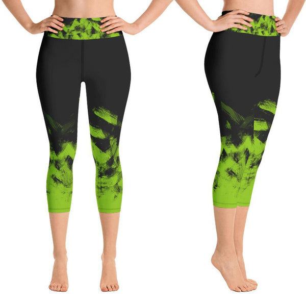 Green on Black Capri Leggings for Women Butt Lift Yoga Pants for Women High Waisted Leggings for Women - Fire Fit Designs