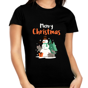 Cute Snowman Friends Christmas T Shirts for Women Plus Size Christmas Shirts Womens Funny Christmas Shirt