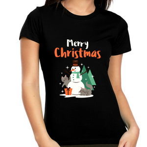 Cute Snowman Friends Christmas T Shirts for Women Christmas PJs Womens Funny Christmas Shirt Christmas Gift