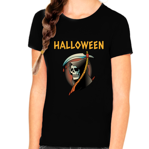 Bloody Skeleton Shirts for Girls Halloween Shirt Grim Reaper Halloween Shirts for Girls Kids Halloween Shirt
