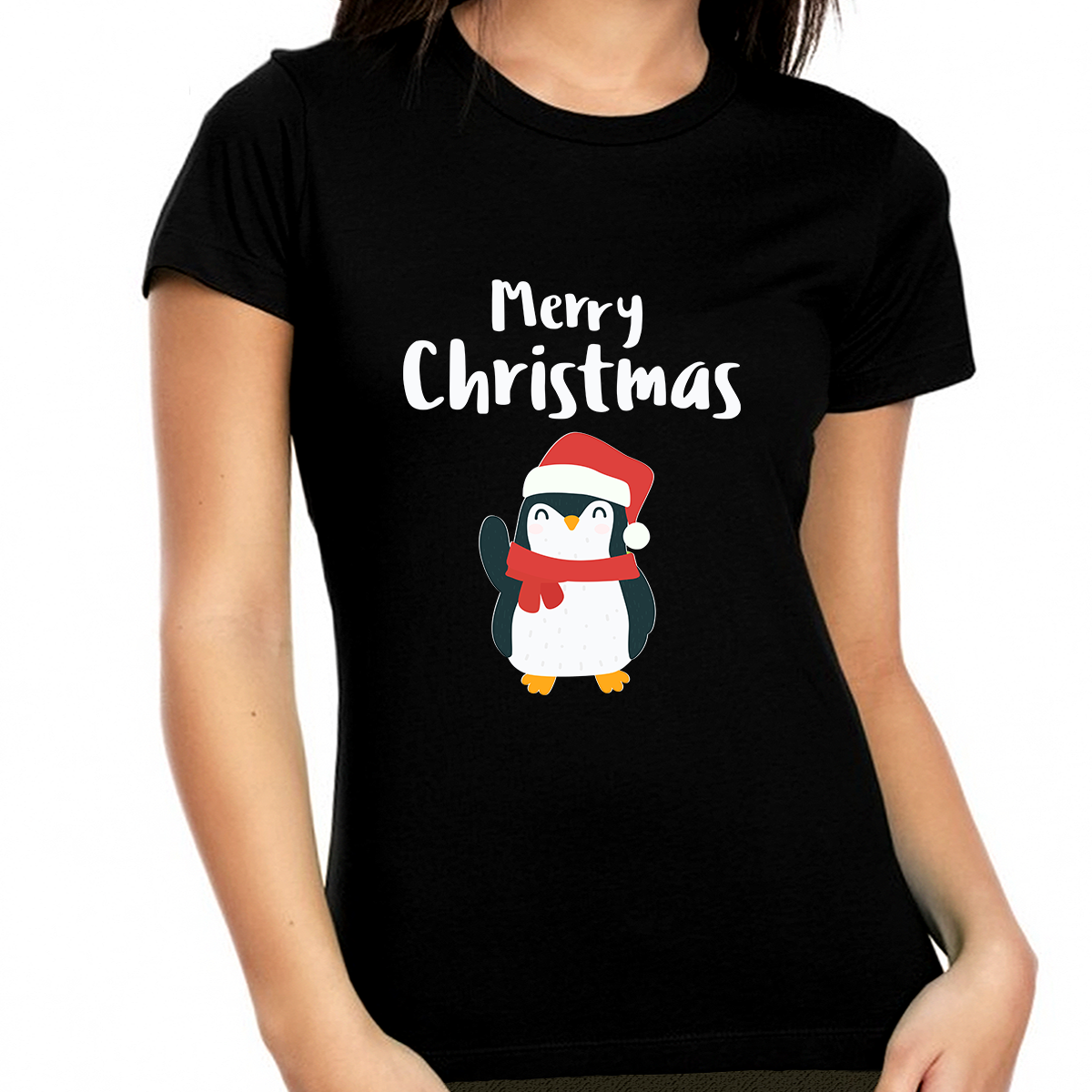 Santa Penguin Christmas Shirts for Women Funny Christmas T Shirts for Women Cute Womens Christmas Gift