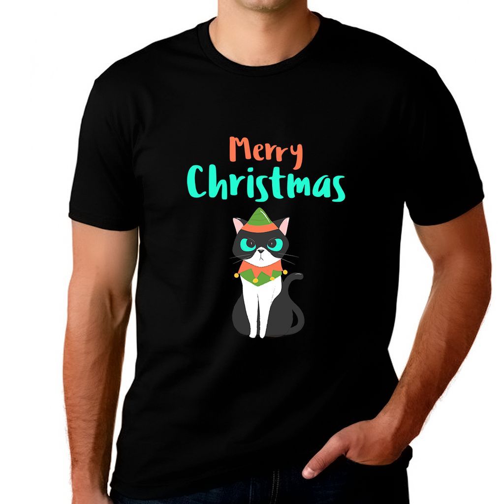 Funny Cat Mens Plus Size Christmas Pajamas Christmas Tshirts for Men Funny Christmas Shirt Plus Size Fire Fit Designs