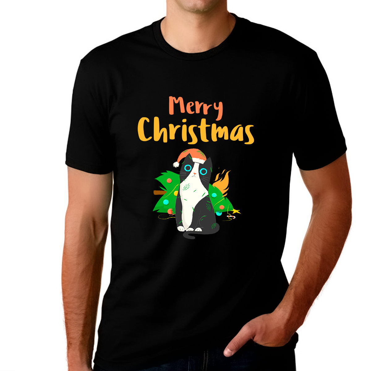 Funny Cat Christmas Tree Cat Shirt Christmas PJs Funny Christmas Pajamas for Men Funny Christmas Shirt
