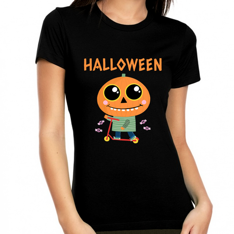 Pumpkin Scooter Womens Halloween Shirts Halloween Tops Cute Halloween Tshirts Women Halloween Gift for Her