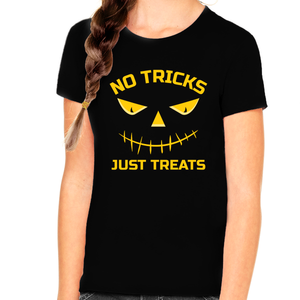 No Tricks Just Treats Halloween Shirt Girls Funny Halloween Tshirts Girls Kids Halloween Shirt for Girls