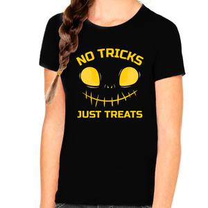 No Tricks Just Treats Halloween Shirts for Girls Pumpkin Shirts for Girls Cool Girls Halloween Shirt