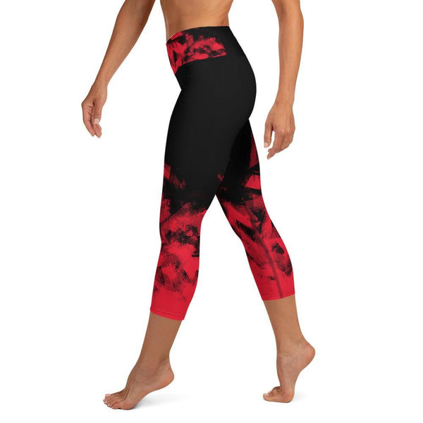 Red on Black Capri Leggings for Women Butt Lift Yoga Pants for Women Tummy Control Leggings High Waisted - Fire Fit Designs