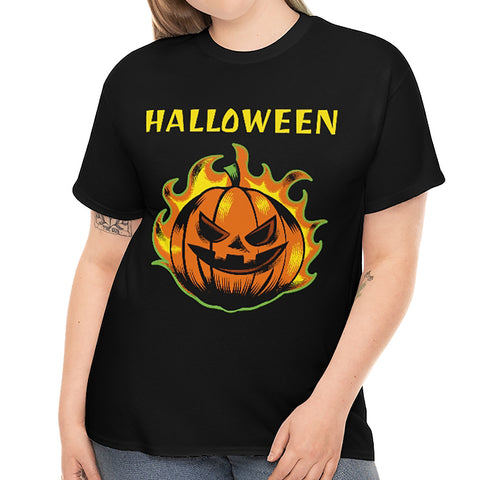 Flaming Pumpkin Shirt Women Plus Size 1X 2X 3X 4X 5X Pumpkin Tshirts Plus Size Halloween Costumes for Women