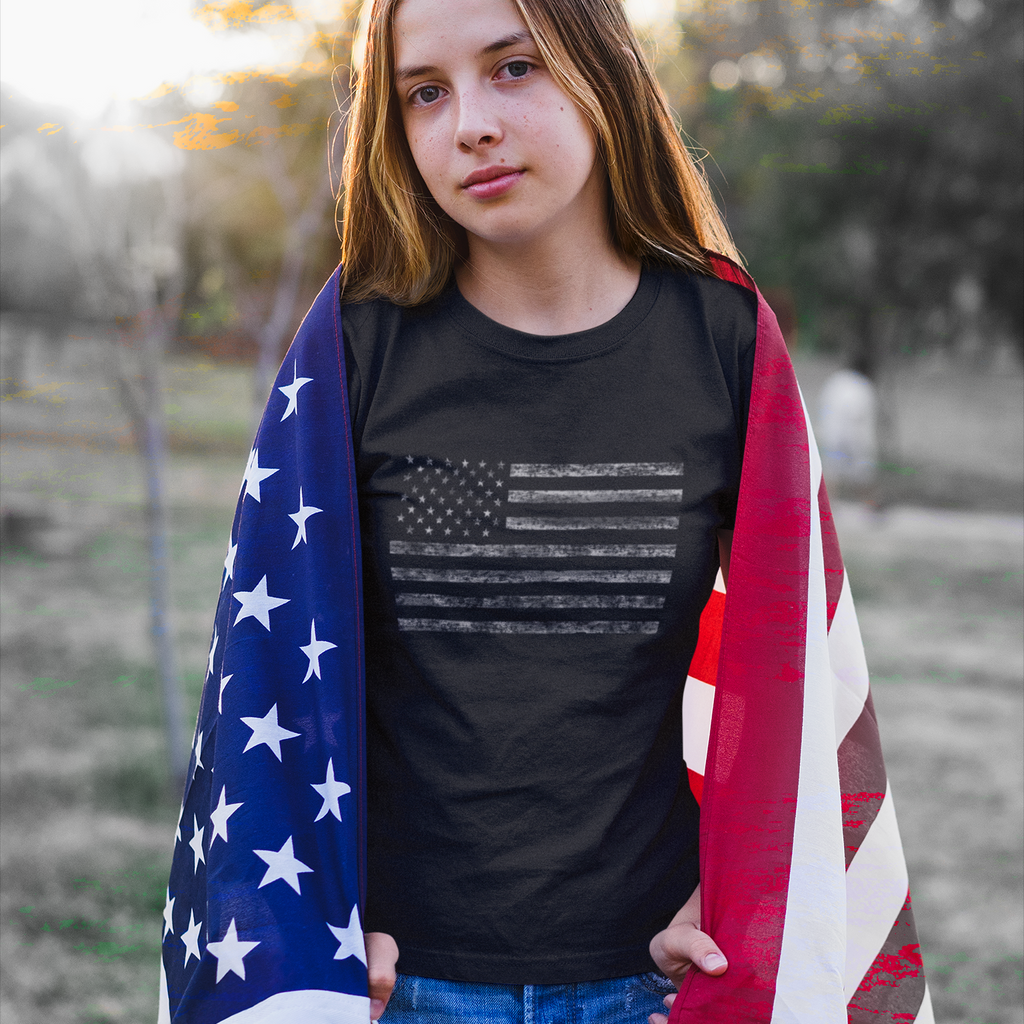 Distressed American Flag Shirt for Girls Black Flag 4th of July Shirts for Girls USA Patriotic Shirts Fire Fit Designs